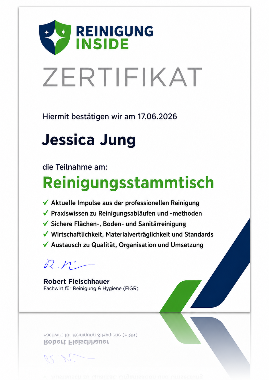 Beispiel Teilnahmezertifikat Reinigung Inside